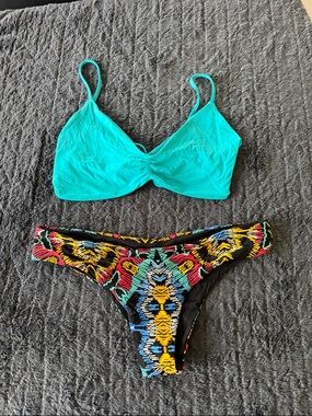 L space Turquoise Bikini Top with Multicolor Tribal Bikini Bottom reversible